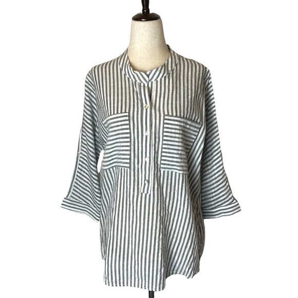 Ellison Blue And‎ White Striped Cotton Bell Sleeves Button Front Blouse Size S - Picture 1 of 13